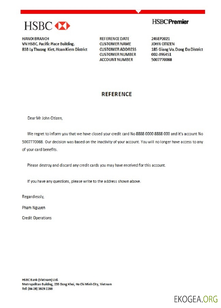 Référence Vietnam , HSBC bank , closure